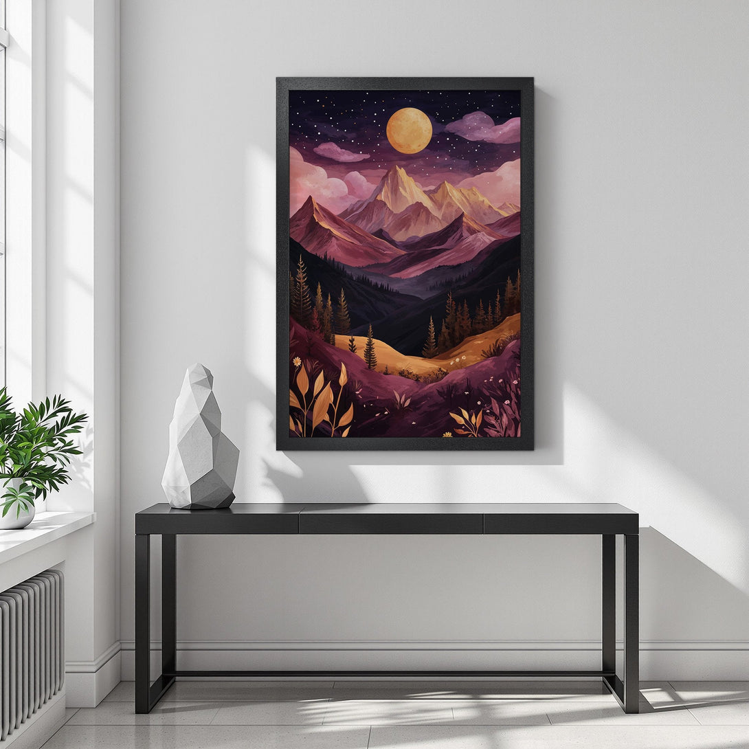Framed Poster of a mountain landscape in a watercolor style with a warm, purple and gold color palette. Perfect wall art!