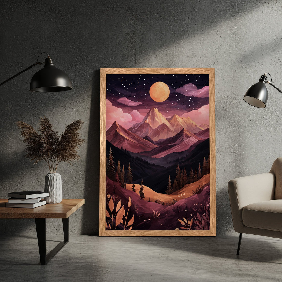 Framed Poster of a mountain landscape in a painterly style with a warm, sunset color palette. Perfect wall art!