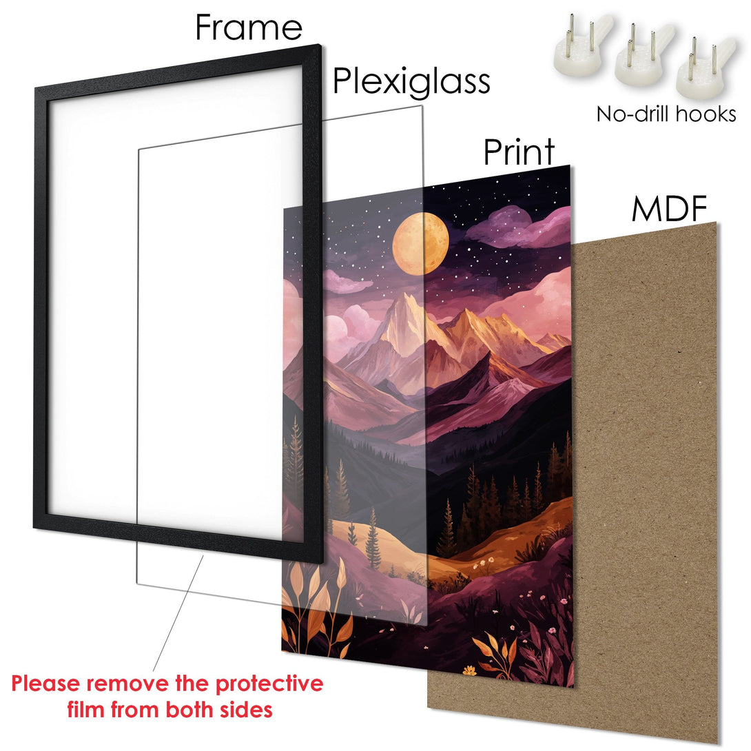 Framed Poster of a mountain landscape in a vibrant pink and purple color palette. Perfect wall art!