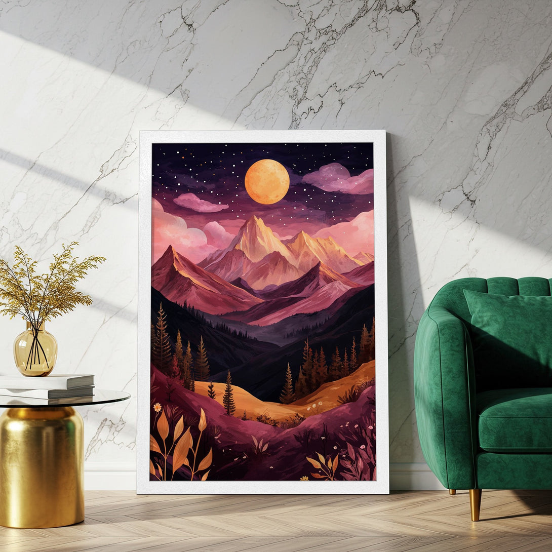 Framed Poster of a mountain landscape in a watercolor style, featuring a warm color palette of purples, oranges, and pinks. Perfect wall art!