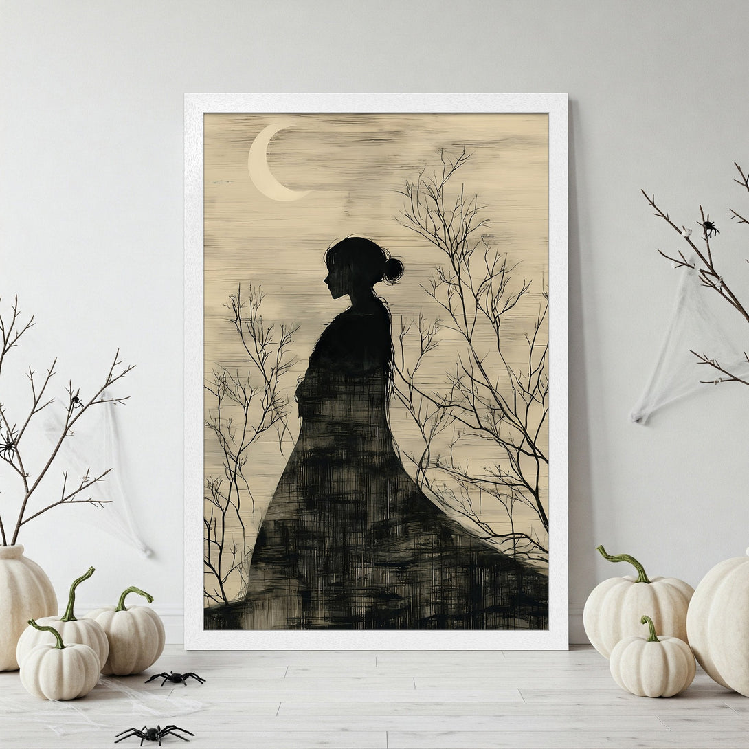 Framed Poster of a woman silhouette in a dark, moody style. Features a neutral color palette with a moon and trees. Perfect wall art!