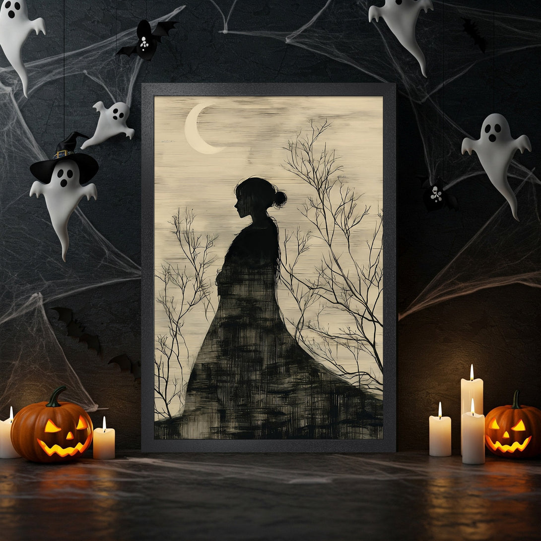 Framed Poster featuring a silhouette woman in a spooky, monochrome style with a neutral color palette, perfect for Halloween decor.