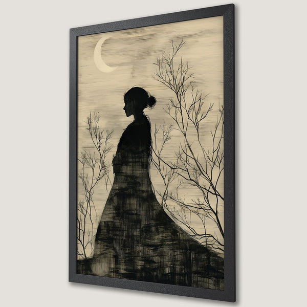 Framed Poster featuring a woman silhouette with trees, moon in a minimalist style, black and beige color palette. Perfect wall art.
