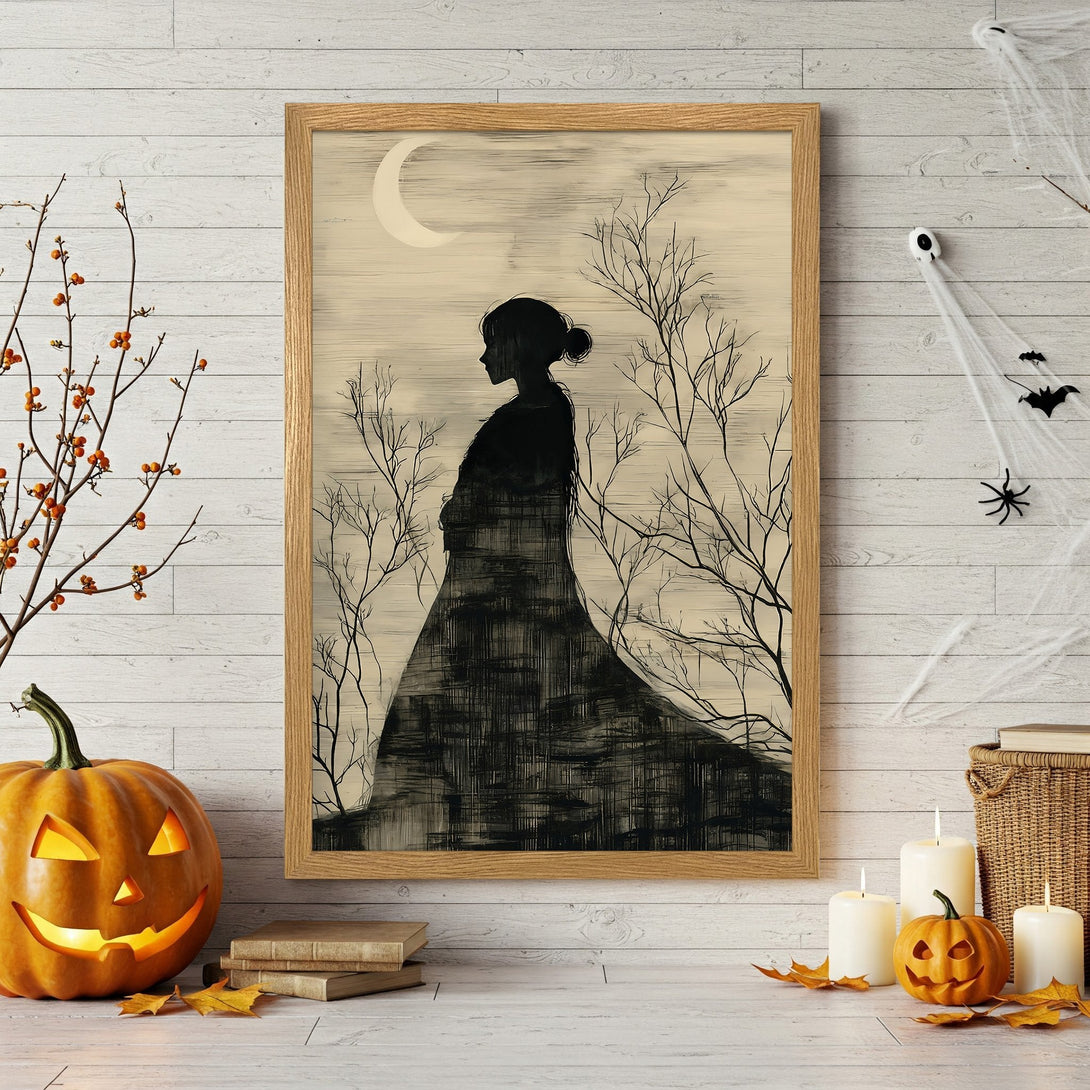 Framed Poster featuring a silhouette woman in a spooky, vintage style. Black and beige color palette, perfect for Halloween decor.