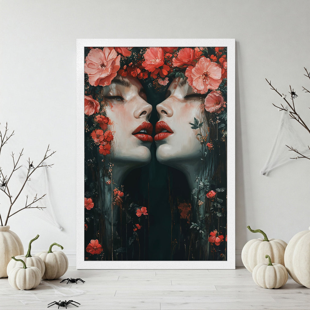 Framed Poster featuring two faces with floral crowns, dark & moody style, deep red & black color palette. Perfect wall art!