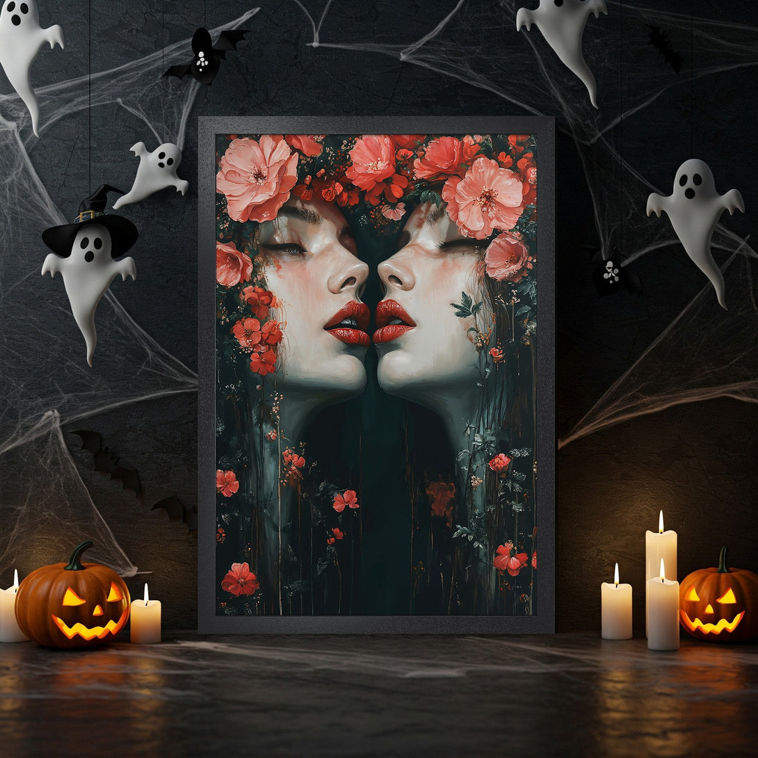 Framed Poster featuring a floral portrait with a dark, moody color palette, perfect for Halloween decor.