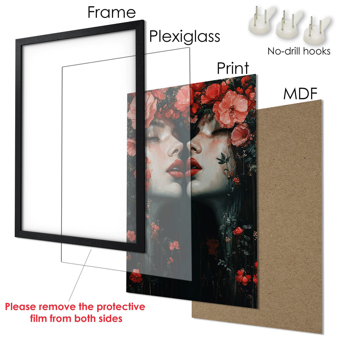 Framed Poster featuring a woman with floral accents. Dark, moody style with a rich color palette of black, red, and white. Ready to hang.
