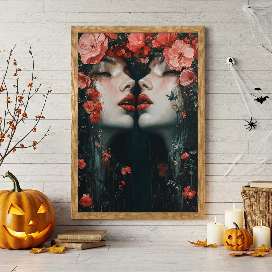 Framed Poster featuring a floral portrait with a dark, moody color palette. Perfect Halloween decor!