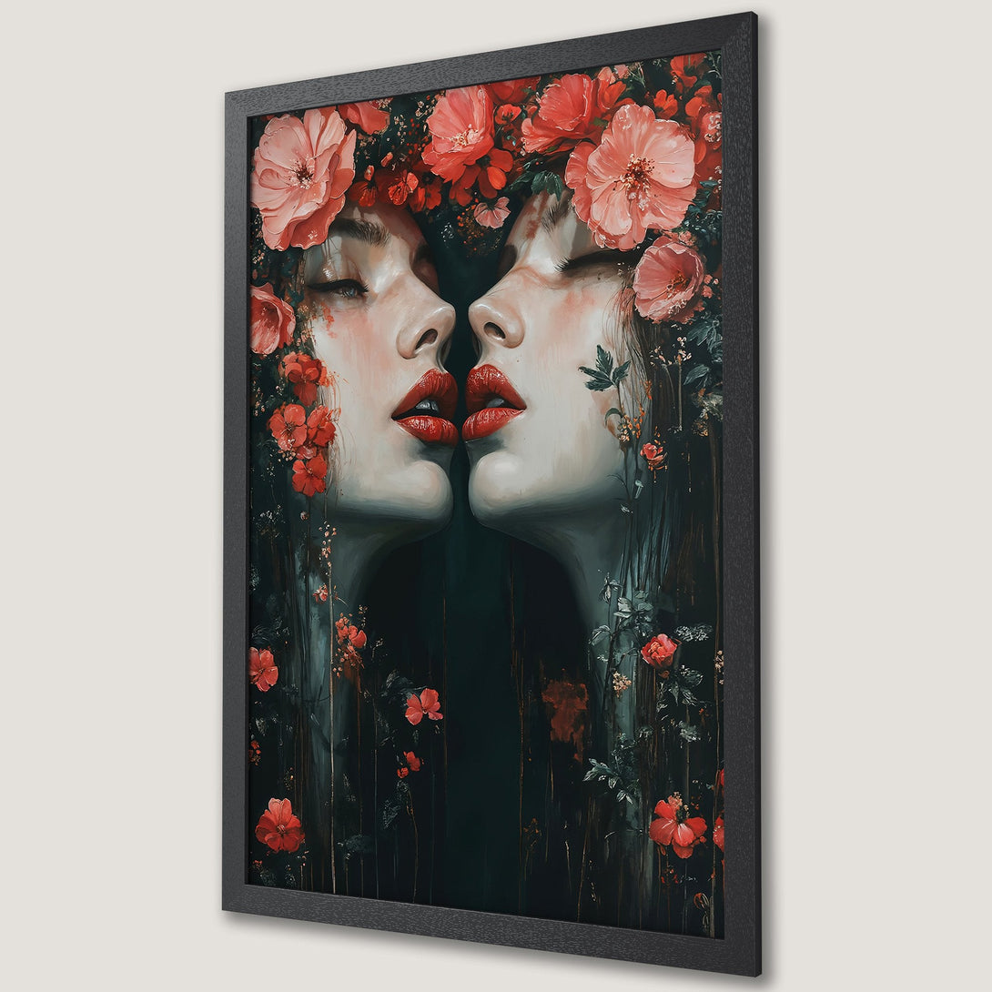 Framed Poster featuring two faces with floral accents, dark, moody style with red, black, and white color palette. Perfect wall art.