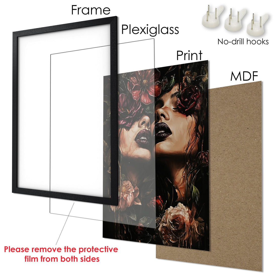 Framed Poster featuring a woman with floral elements, dark and moody style, rich burgundy and black color palette.