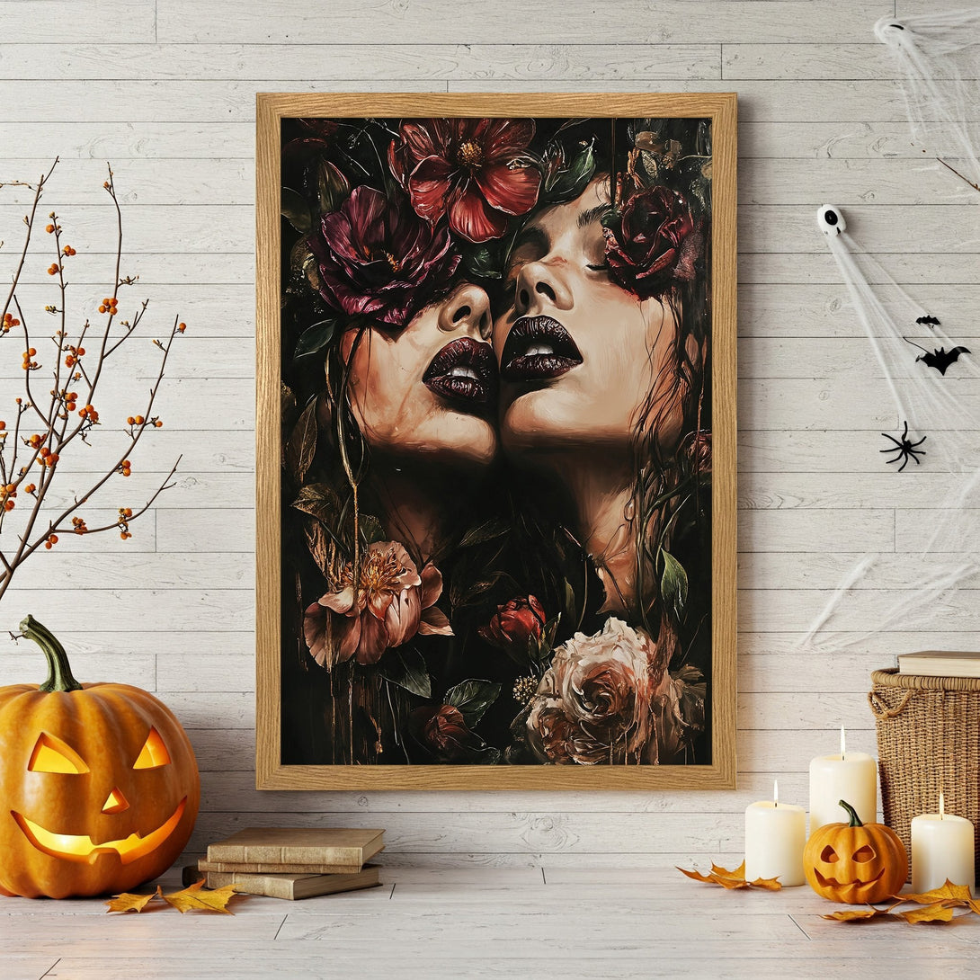 Framed Poster featuring a woman with flowers, dark and moody style, rich burgundy and black color palette. Perfect for Halloween!
