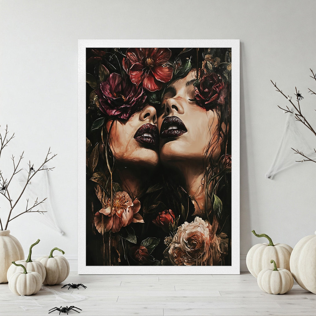 Framed Poster featuring two women with floral crowns, dark, moody style, rich burgundy and gold color palette. Perfect wall art!