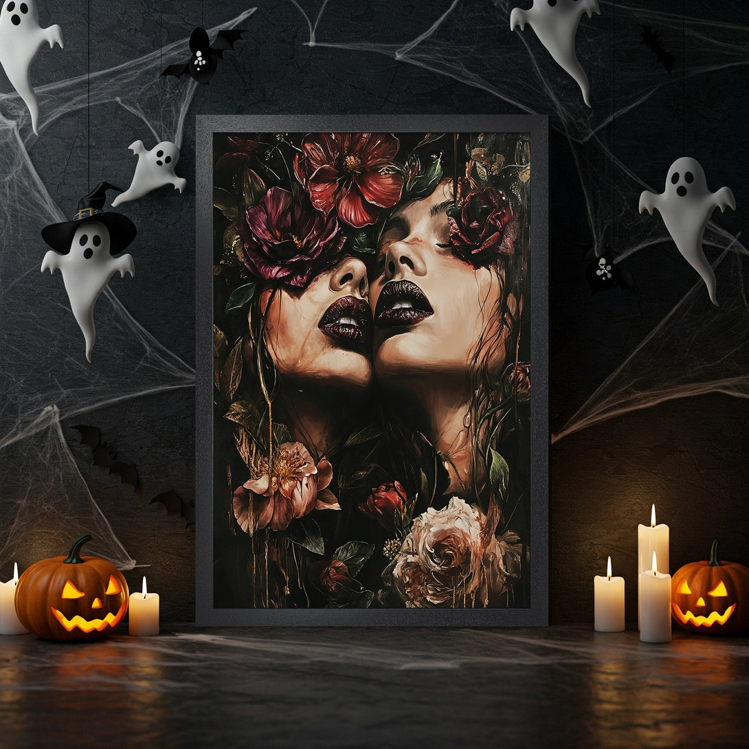 Framed Poster featuring two women with floral elements, dark and moody style, rich burgundy and brown color palette, perfect for Halloween decor.