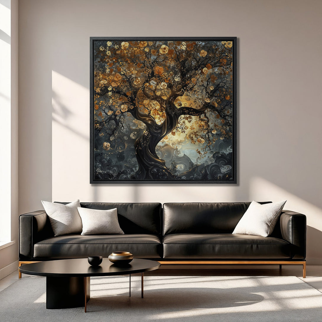 Framed Wall Art: Abstract tree art in gold and black. Modern canvas print adds a touch of elegance to any living room. Shop now for unique wall decor!