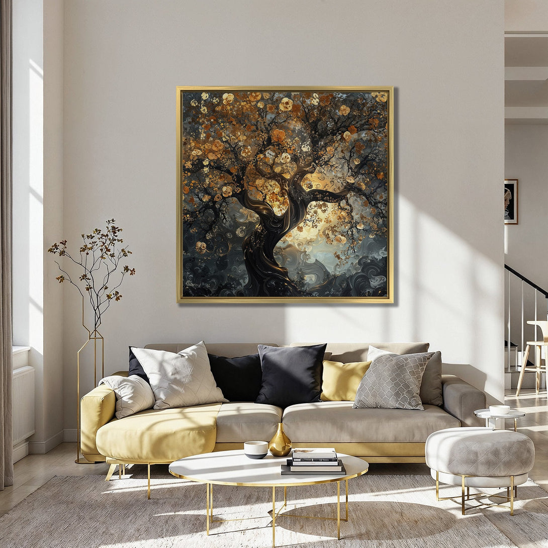 Canvas Print featuring a stylized tree with gold and black tones, displayed in a modern living room. Warm, inviting color palette.