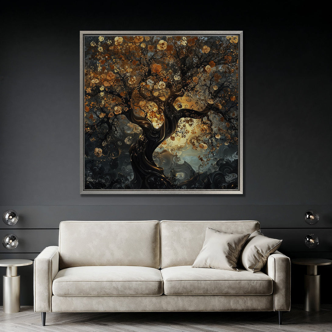 Framed Wall Art featuring an abstract tree in a dark, moody style with gold and brown tones. Perfect for adding artistic flair to your home.