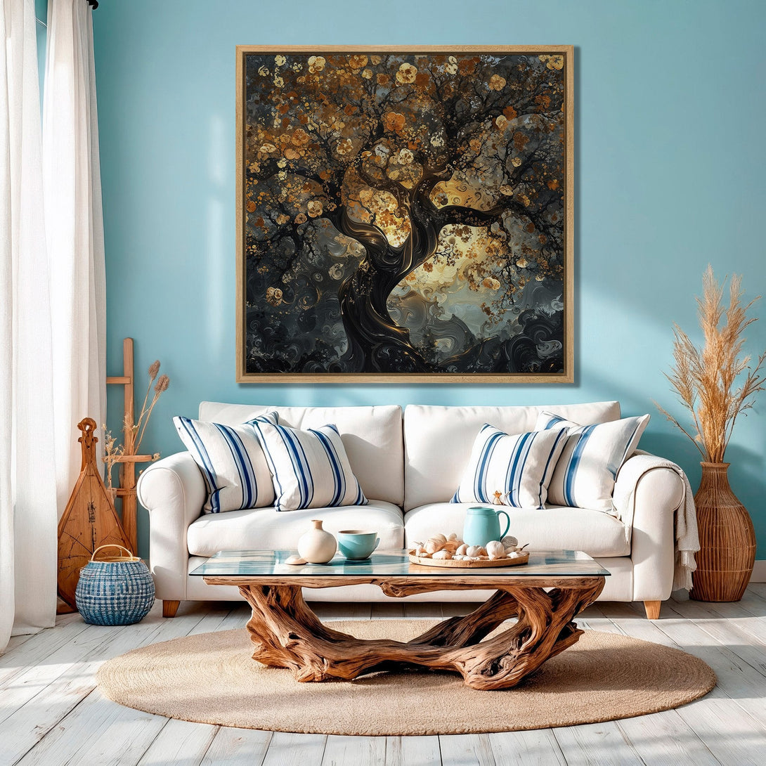 Framed Wall Art featuring an abstract tree design in a warm, earthy palette. Perfect for adding a touch of nature-inspired elegance to your living room.
