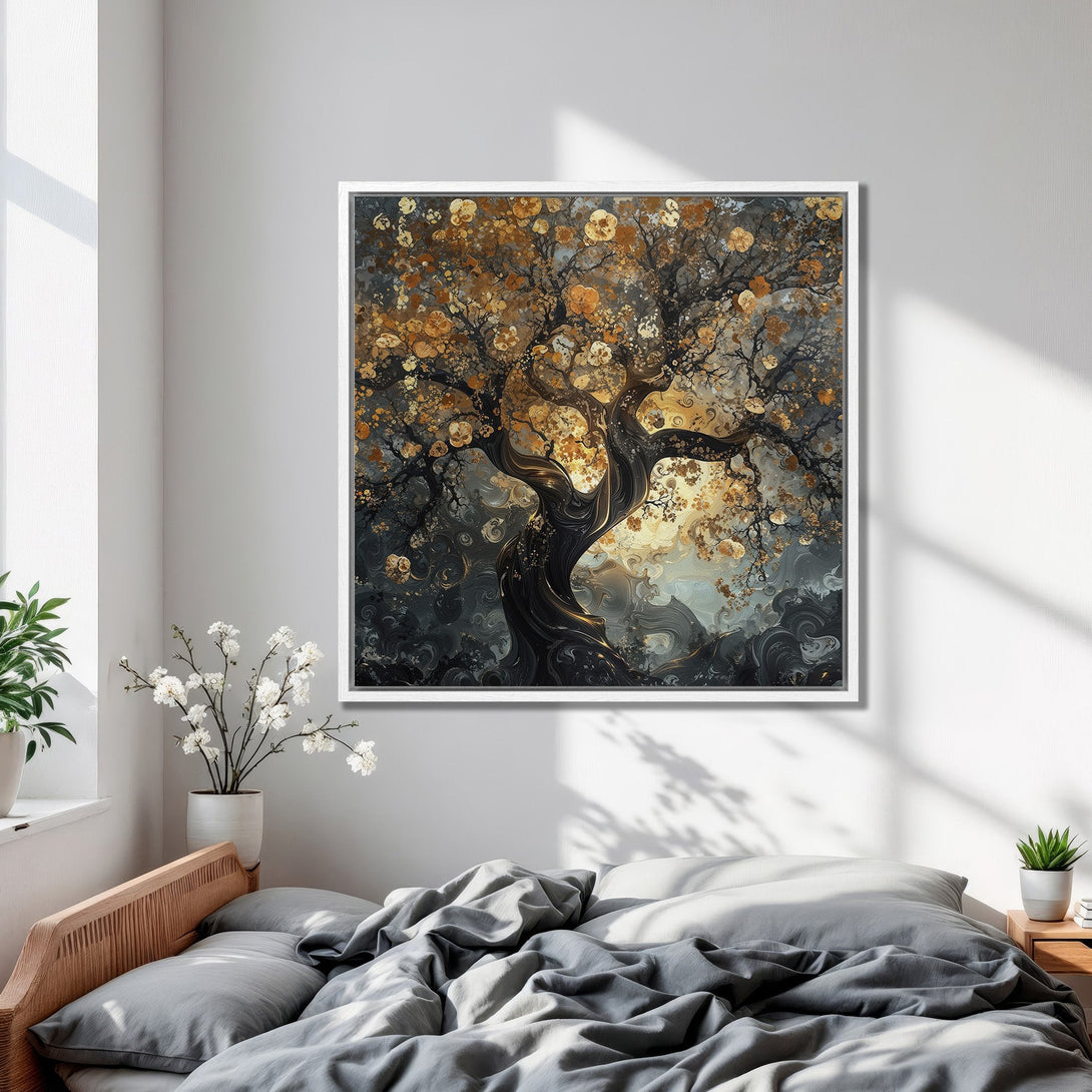 Framed Wall Art featuring an abstract tree in gold and gray tones, adding a touch of nature-inspired elegance to any bedroom decor.