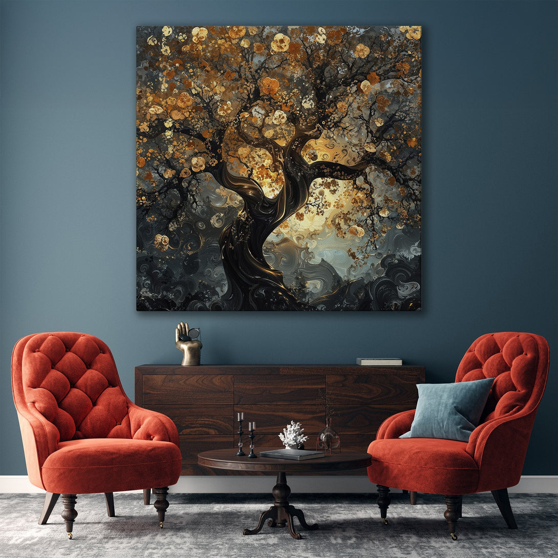 Framed Wall Art: Abstract tree art in warm gold and dark tones. Perfect for living room decor. Enhance your space with this stunning canvas print.