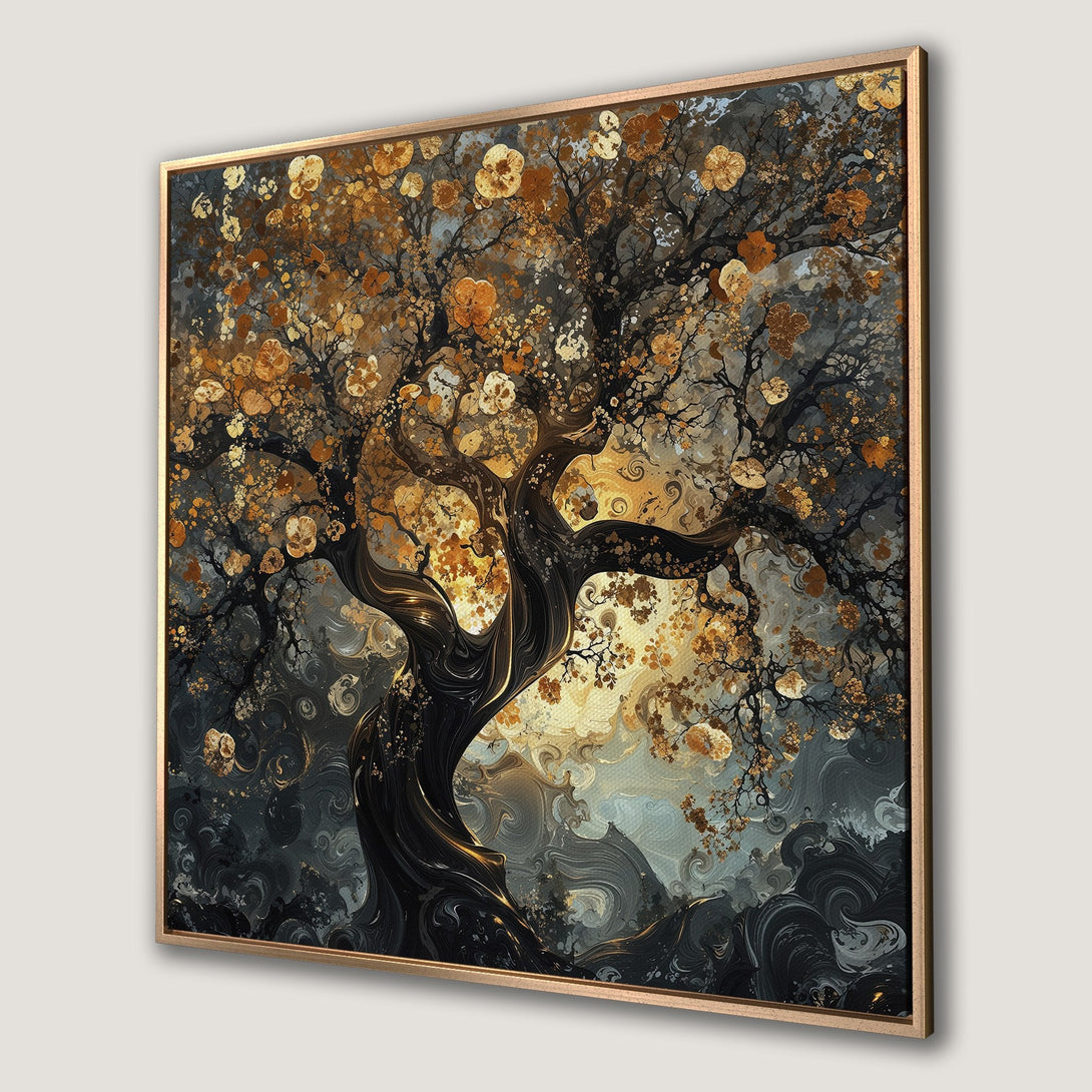 Framed Wall Art featuring an abstract tree with gold and copper accents against a dark, moody background. Perfect for adding elegance!