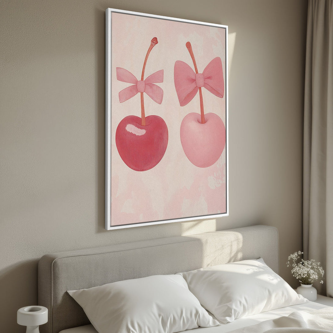 Framed Wall Art featuring whimsical cherries with bows in a soft pink palette. Perfect for adding a touch of sweetness to your bedroom decor!