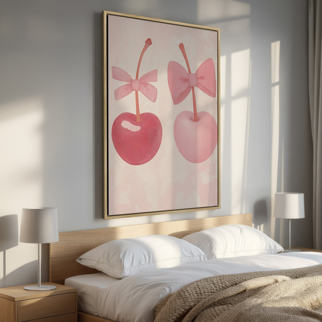Framed Wall Art: Adorable cherry art in a bedroom. Soft pink hues and charming bows make this canvas print a sweet addition to any space.
