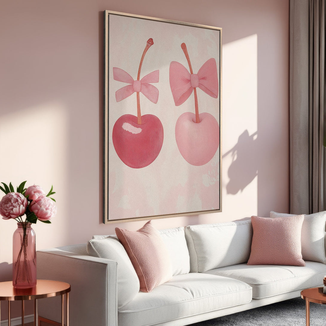 Framed Wall Art featuring whimsical pink cherry illustration. Perfect for adding a touch of sweetness to your home decor. Soft pink color palette.