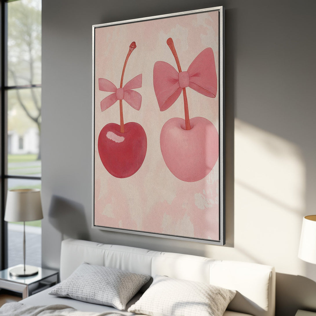 Framed Wall Art: Playful cherry art in pink and red hues. Modern Canvas Print adds a touch of whimsy to any space. Shop now for unique wall decor!