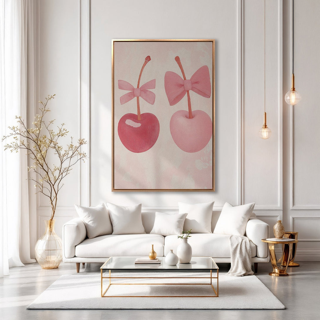 Framed Wall Art featuring whimsical cherry illustration in pink tones, perfect for adding a touch of sweetness to your home decor. Shop now!