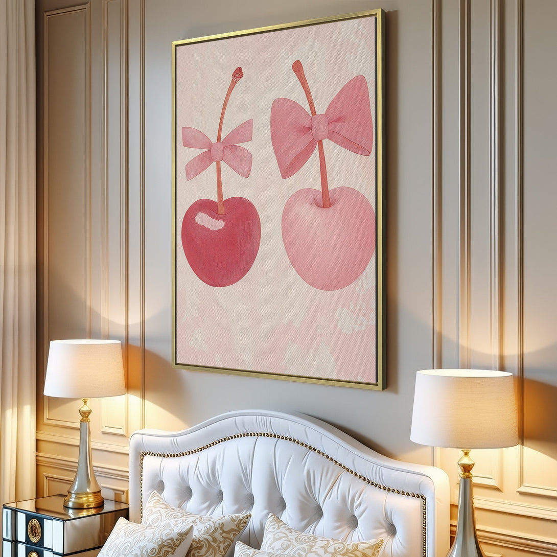 Canvas Print featuring whimsical pink cherries with bows, perfect for a modern, feminine interior. Soft pink color palette.