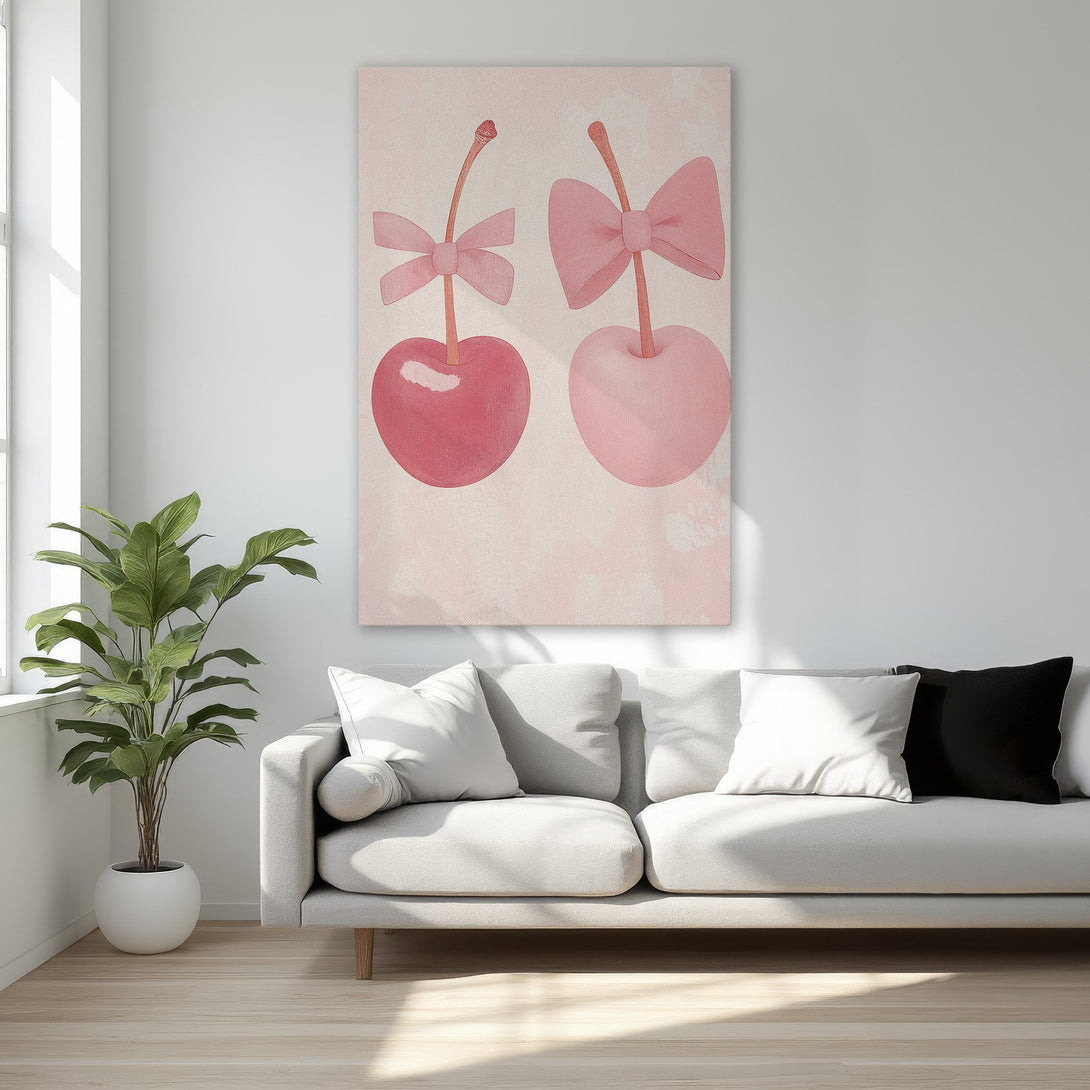 Framed Wall Art: Adorable cherry illustration in pink hues. Perfect for adding a touch of whimsy to your bedroom decor. Shop now!