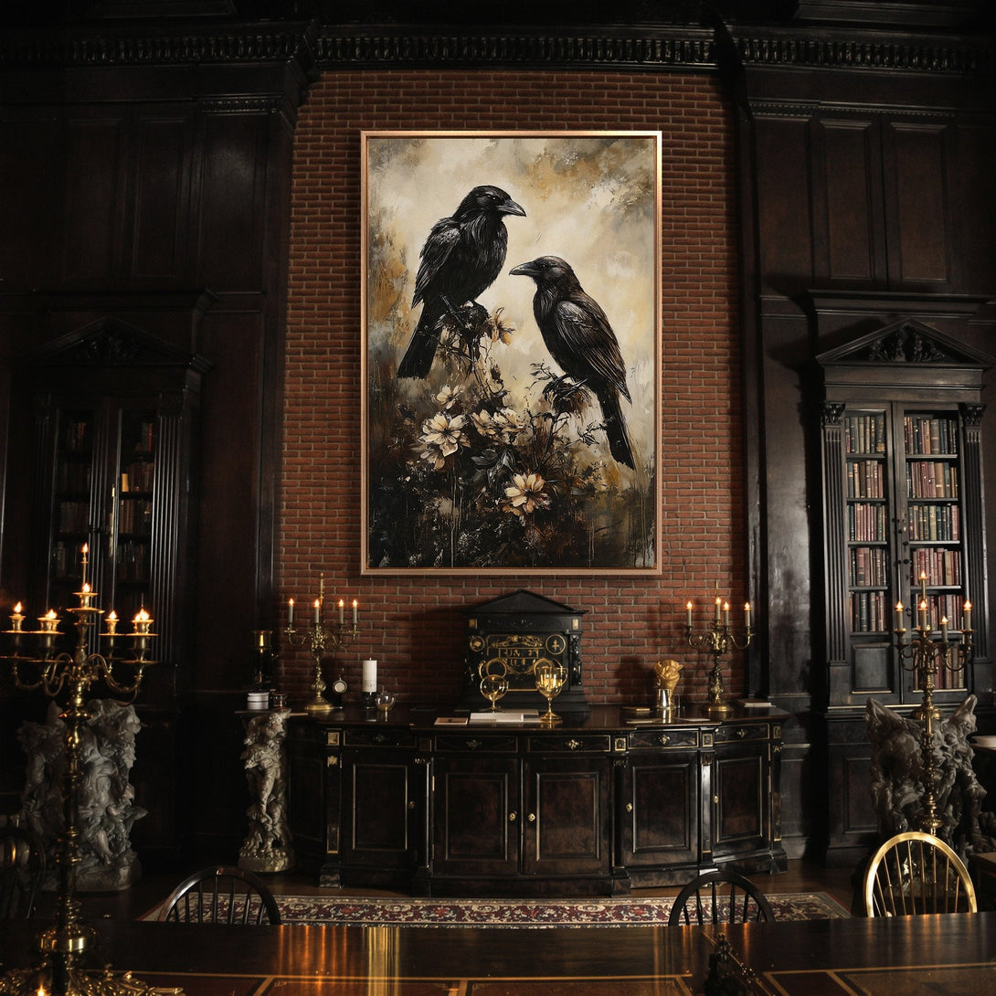 Framed Wall Art featuring two black ravens in a dark, moody style. Earthy tones and a touch of mystery for a gothic-inspired interior.
