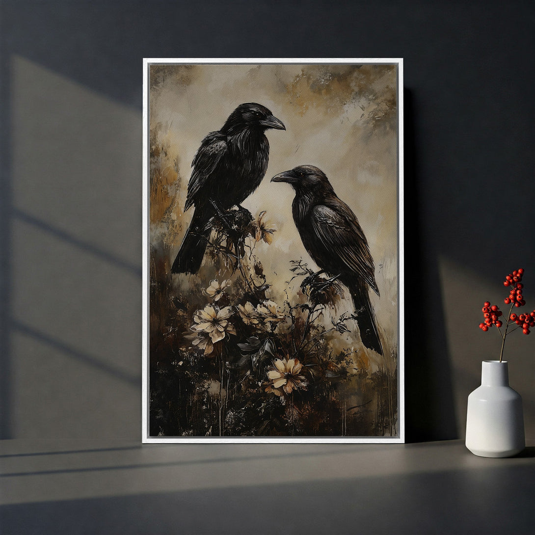 Framed Wall Art featuring two black ravens on a branch, painted in a moody, neutral color palette. Perfect gothic home decor.