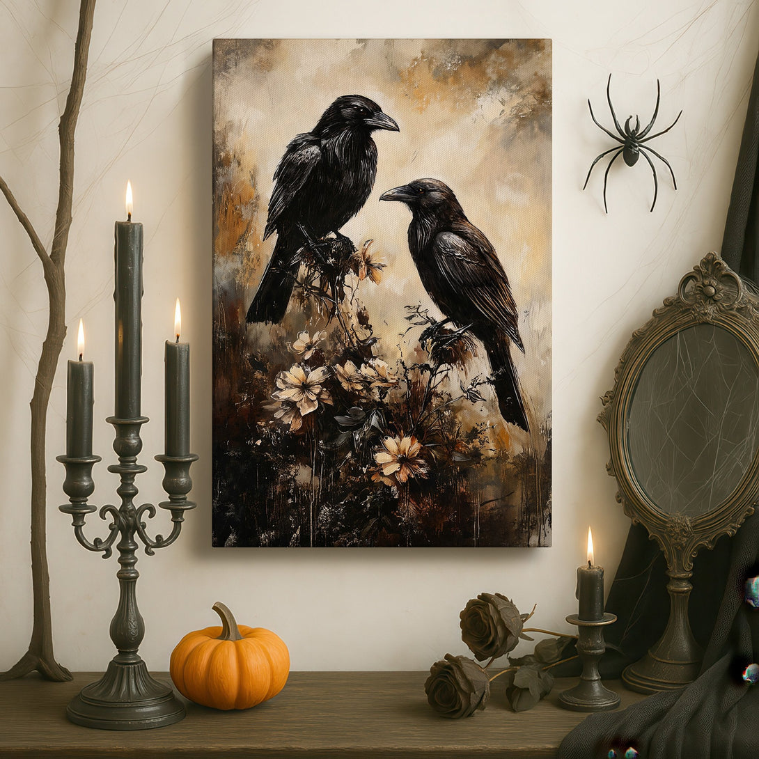 Framed Wall Art: Dramatic canvas print of two ravens on a branch, with a moody, dark color palette. Perfect for adding a touch of gothic elegance to your space.