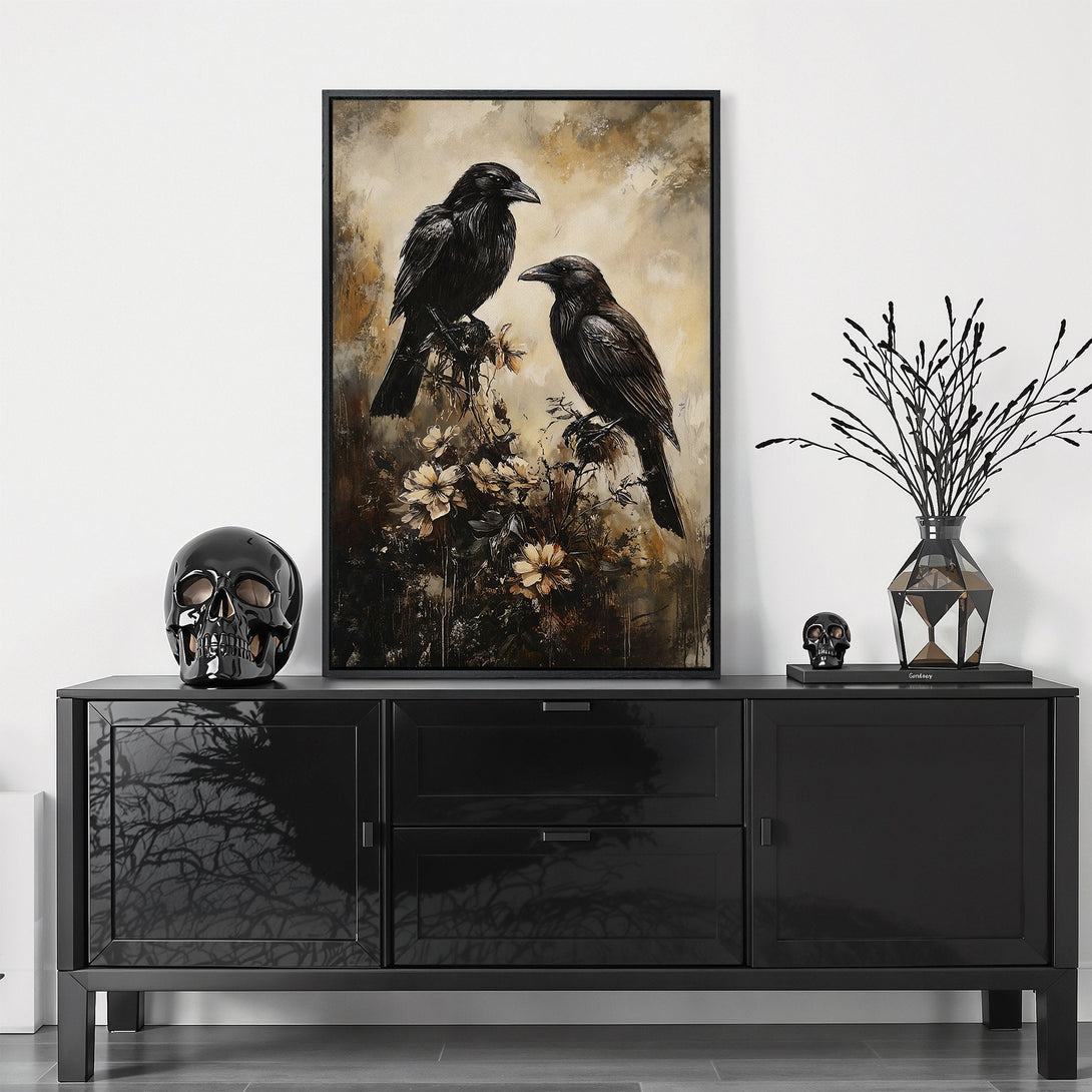 Framed Wall Art featuring two black ravens in a moody, painterly style. Earthy tones and dark accents create a dramatic, gothic aesthetic. Perfect for adding a touch of mystery.