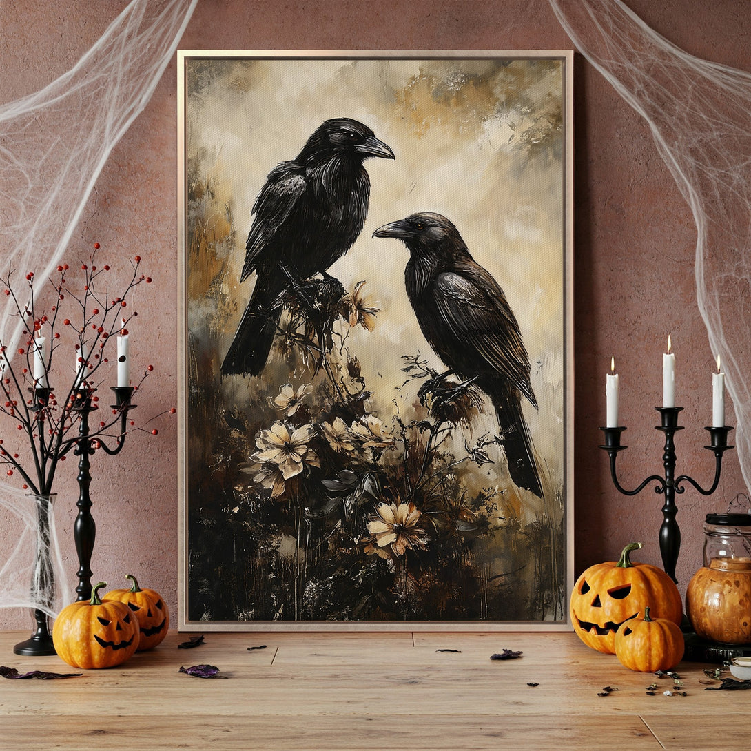 Framed Wall Art featuring two black crows on a branch, in a moody, painterly style with a neutral, sepia-toned color palette. Perfect Halloween decor.