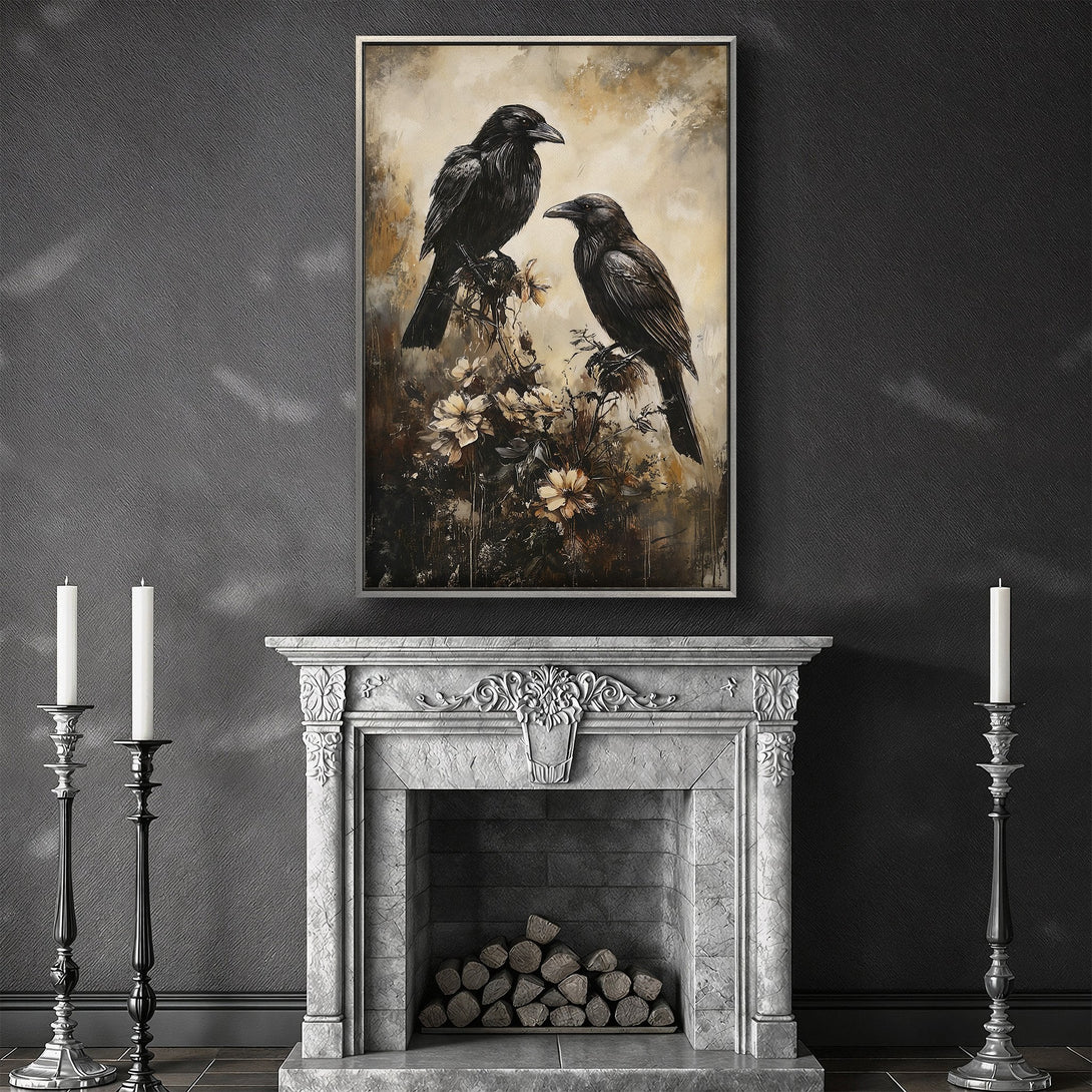Framed Wall Art featuring two crows on a branch. Dark, moody painting with a neutral, earthy color palette. Perfect for adding gothic flair to your home.