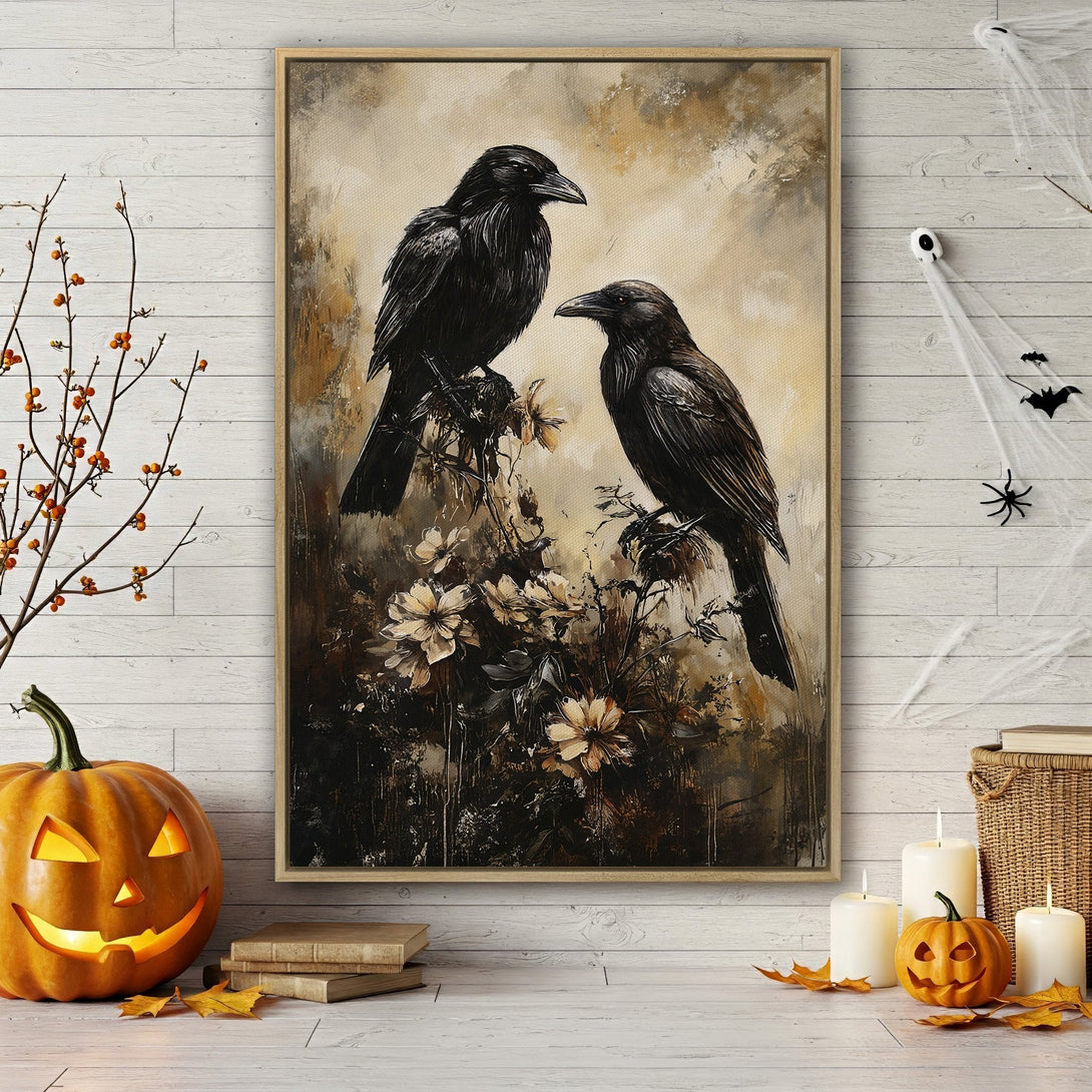 Framed Wall Art featuring two ravens in a vintage style with a neutral, earthy color palette. Perfect for adding a touch of spooky elegance to your home decor.