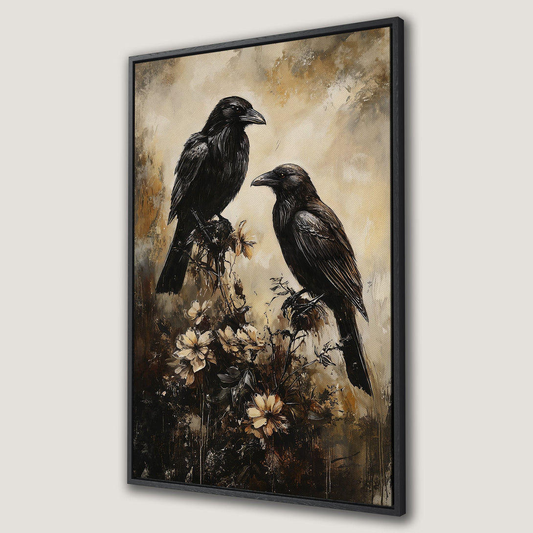 Framed Wall Art featuring two black ravens on a branch with flowers, painted in a neutral, earthy color palette. Perfect for adding a touch of gothic elegance.