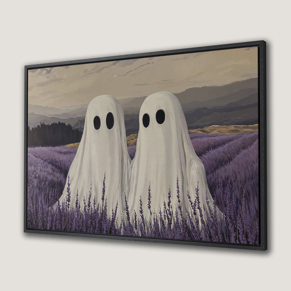 Framed Wall Art: Whimsical ghost art in a lavender field. Soft, muted color palette with purples, greens, and creams. Perfect for a unique home decor statement.