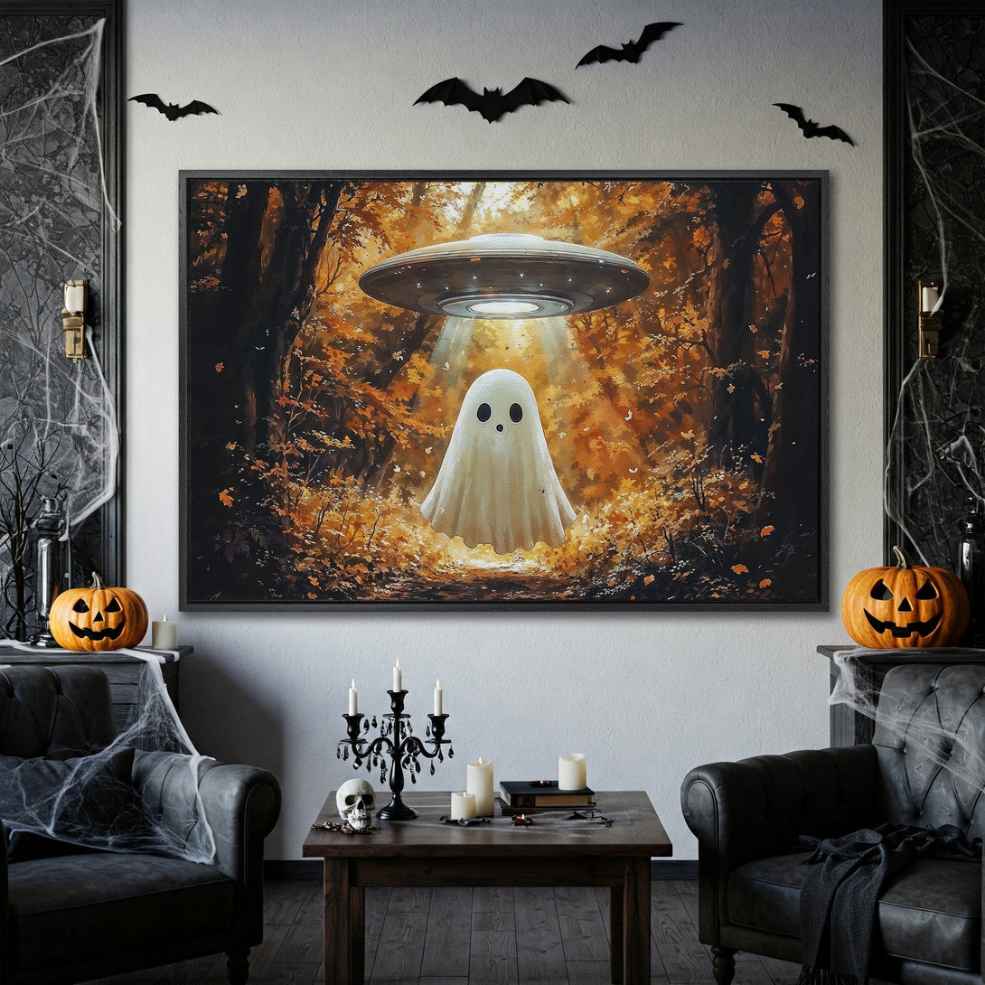 Framed Wall Art: Spooky ghost under UFO in autumn forest. Warm orange and brown tones. Perfect Halloween decor. Add a touch of whimsy!