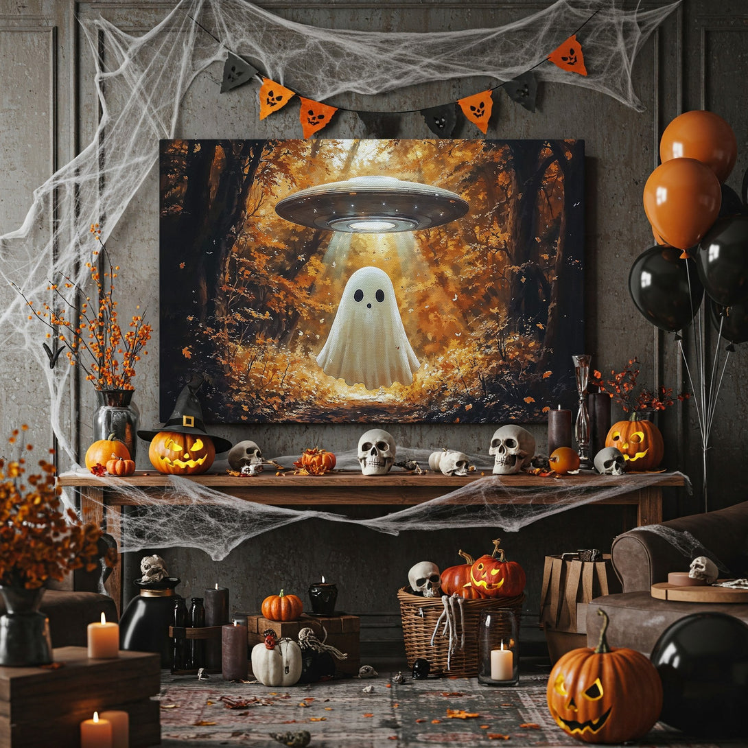 Framed Wall Art: Spooky ghost under a UFO in autumn forest, warm orange & brown tones. Perfect Halloween decor for your home!