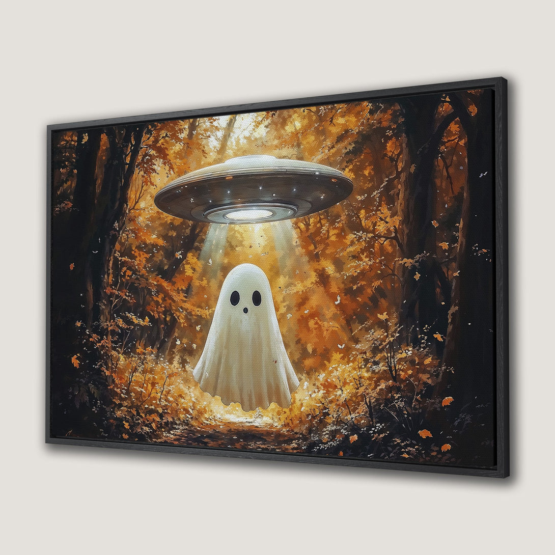 Framed Wall Art: Whimsical ghost scene with UFO in autumn forest. Warm orange & brown palette. Perfect Halloween decor.