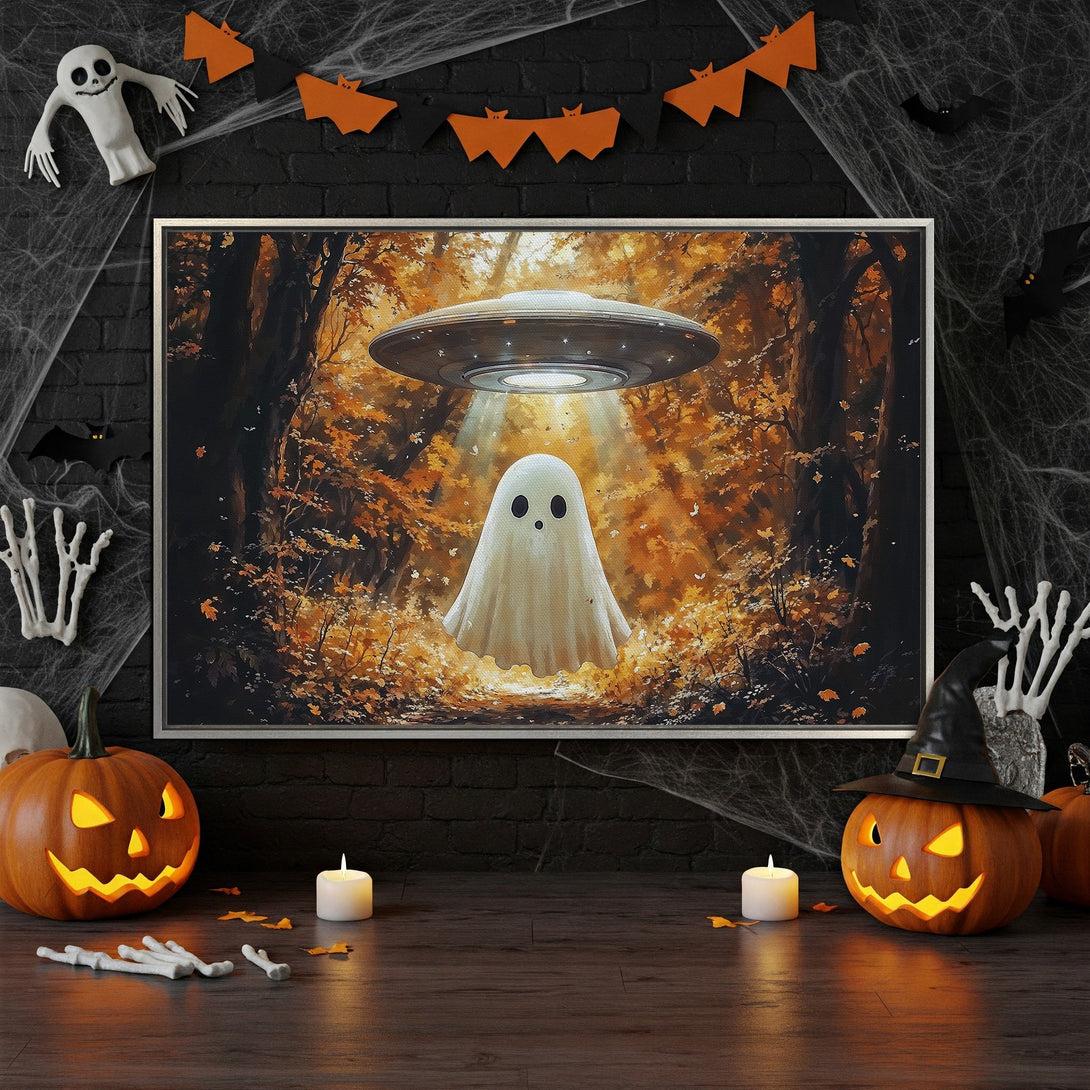 Framed Wall Art: Spooky ghost scene with UFO in autumn forest. Warm orange and brown color palette. Perfect Halloween decor.