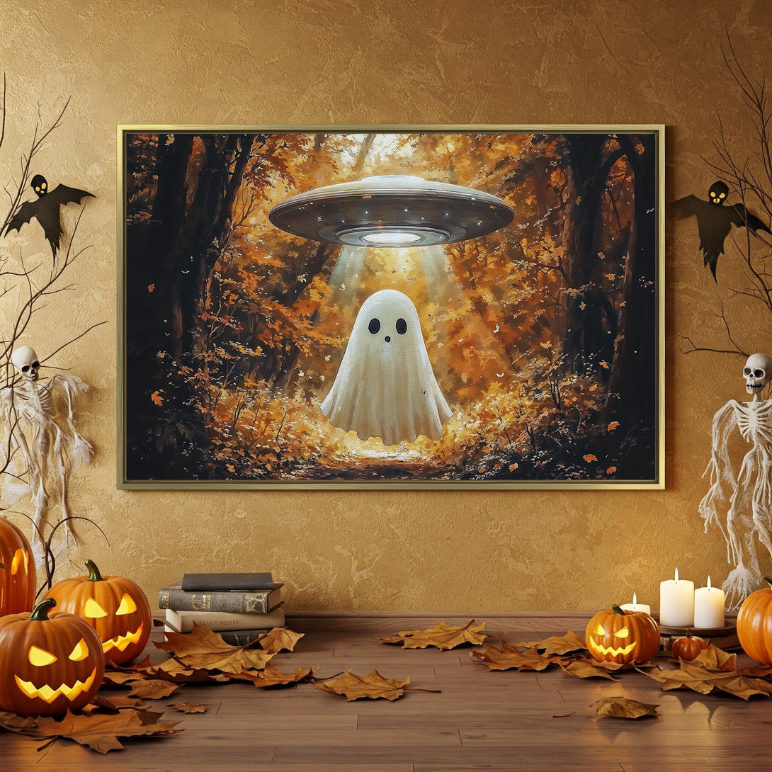 Halloween Canvas Print featuring a friendly ghost and UFO in a forest scene. Warm orange and brown tones create a spooky yet inviting atmosphere.
