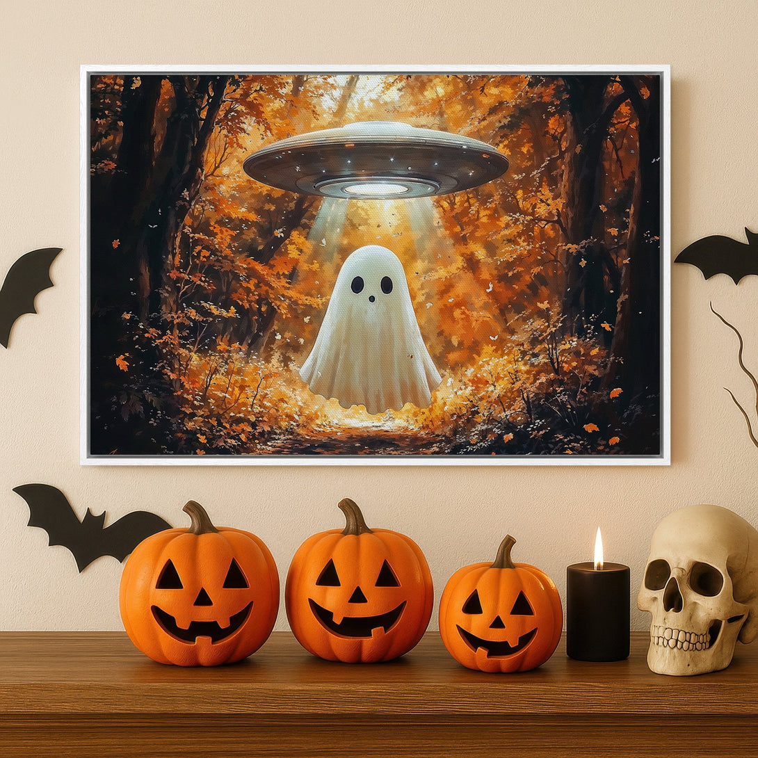 Framed Wall Art: Spooky ghost scene in autumn forest. Warm orange and brown color palette. Perfect Halloween decor for your home.
