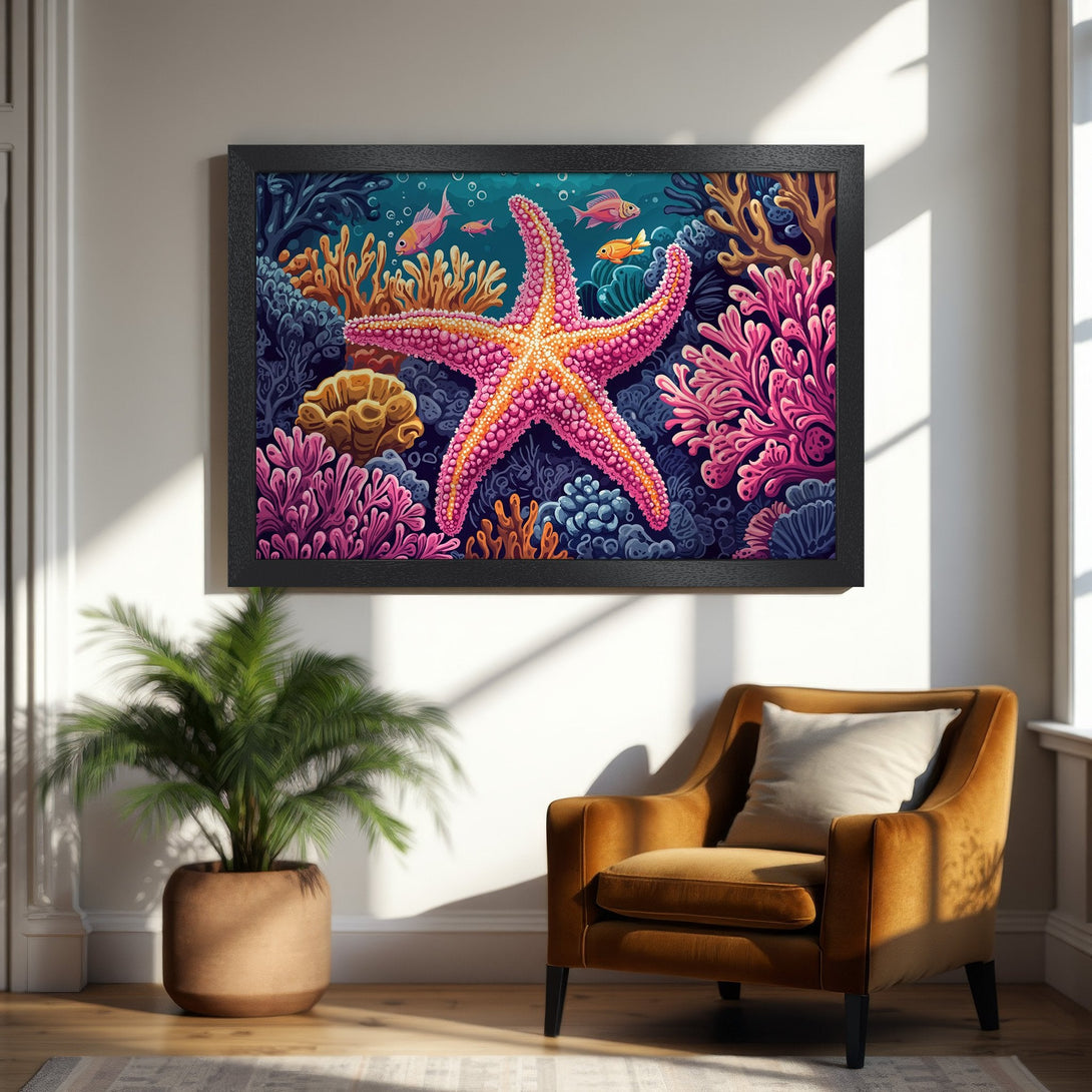 Framed Poster featuring a vibrant starfish and coral reef in a colorful, cartoon style. Perfect for coastal decor!