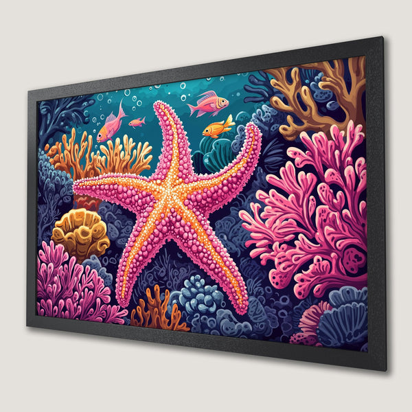 Framed Poster featuring a vibrant starfish and coral reef in a colorful, illustrative style. Pink, orange, and blue color palette.