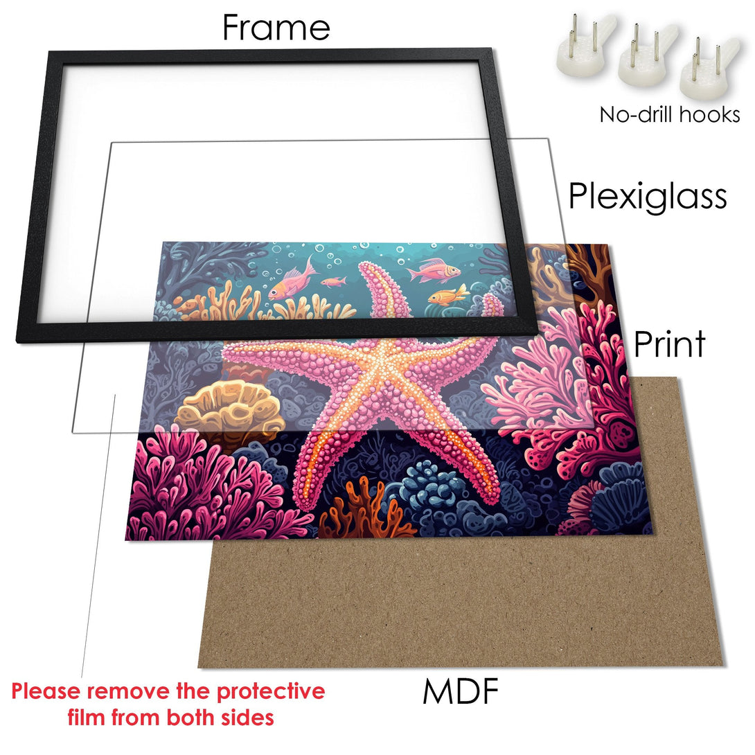Framed Poster featuring a vibrant underwater scene with a starfish. Artistic style, rich pinks, blues, and coral tones. Ready to hang!