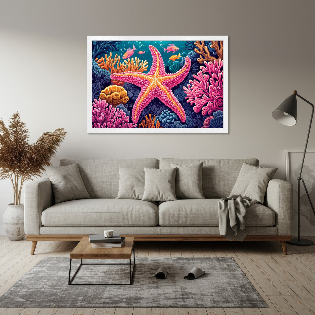 Framed Poster featuring a vibrant starfish in a coral reef scene. Bold, colorful art with pinks, blues, and oranges. Perfect for coastal decor!
